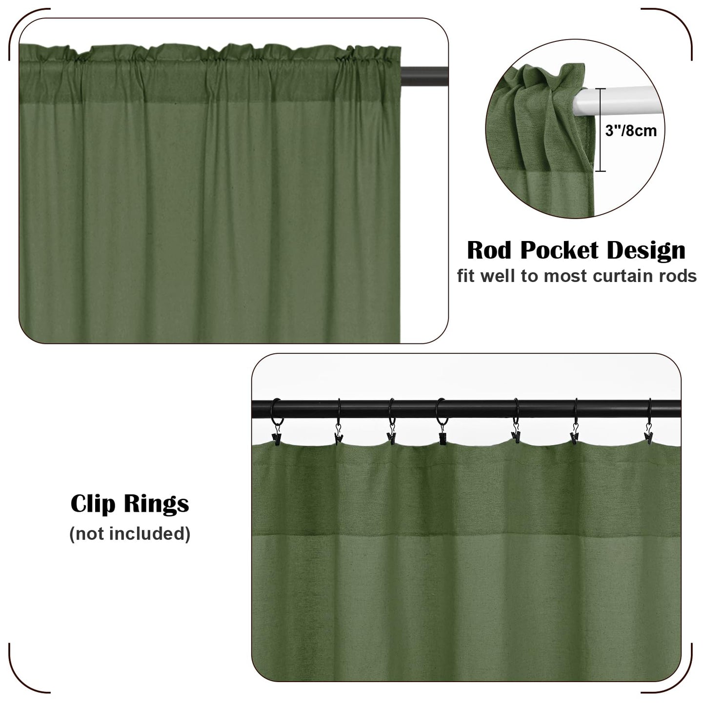 FRAMICS Farmhouse Valance Curtains, Boho Cotton Linen Kitchen Valance, Olive Green Rustic Button Window Valances for Kitchen Bathroom, Rod Pocket Valances for Windows, Olive Green, 52 x 18 Inch