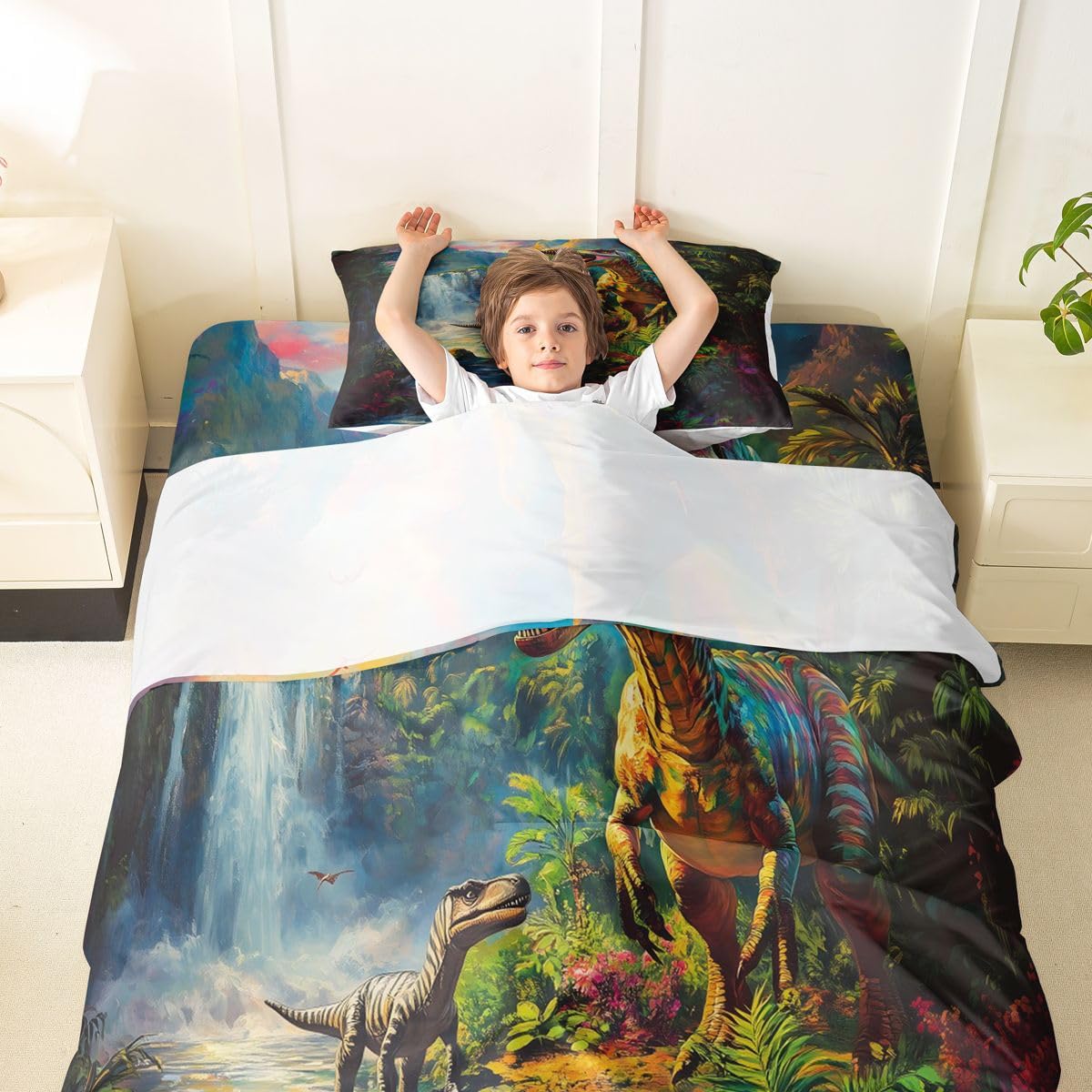 Feelyou Dinosaur Bed Sheets Set Twin Size 3D Digital Print Bed Set for Kids Boys Girls Jungle Dino Deep Pocket Fitted Sheet Wild Animal Breathable Soft Lightweight Microfiber Green Blue