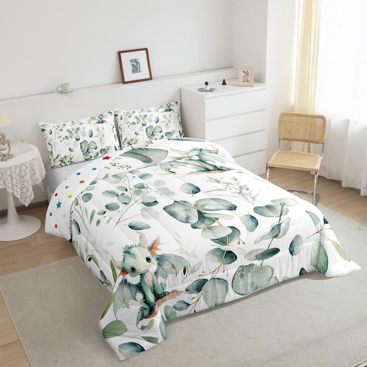 Erosebridal Boys Magic Animal Twin Bedding Sets Cute Dragon Comforter Set, Cartoon Wildlife Bedding Comforter Sets Green Leaf Duvet Insert, Spring Garden Plant Down Comforter Child Kids Bedroom Decor