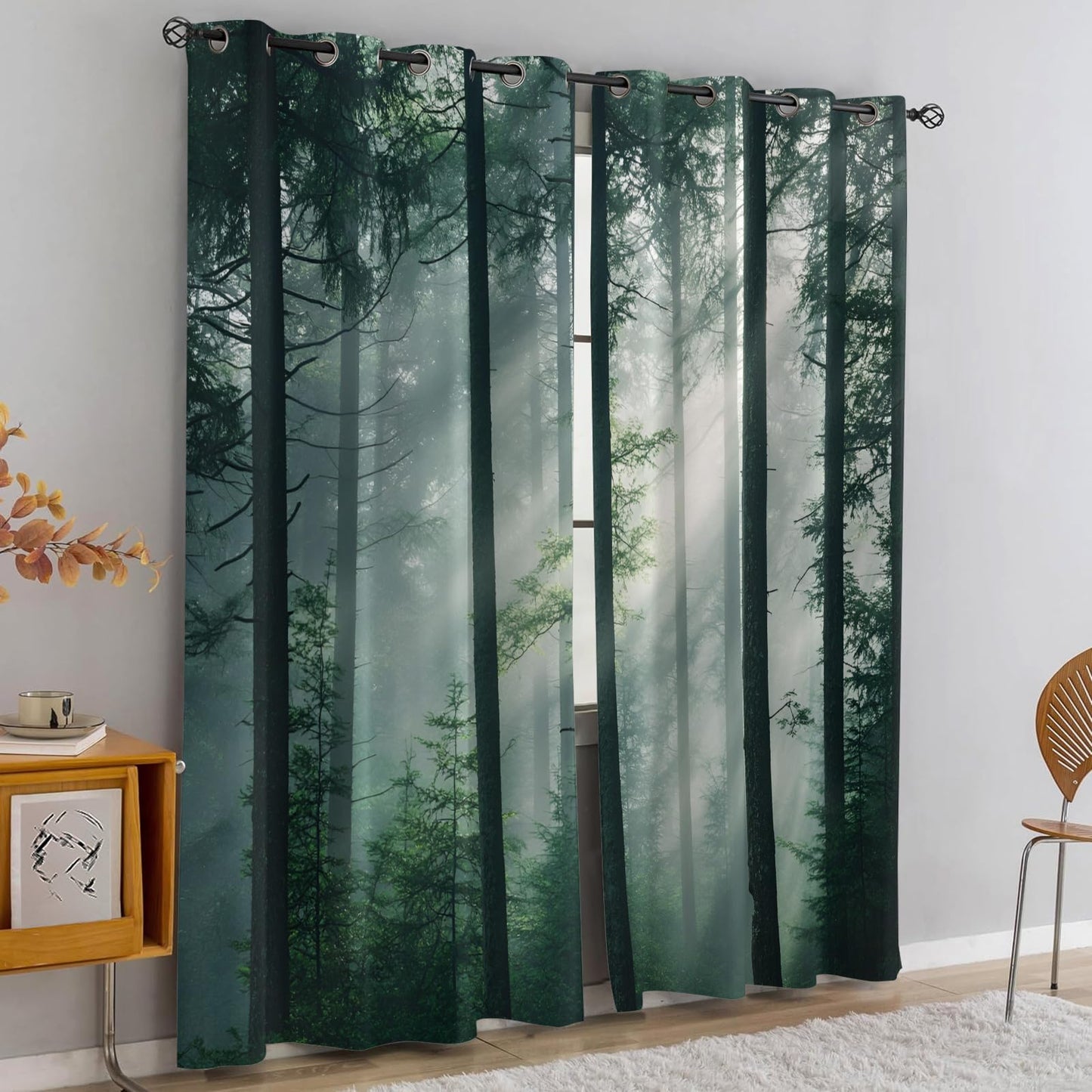 XAFIAUR Misty Forest Blackout Curtains, Green Forest Curtains for Living Room, Natural Landscape Black Out Bedroom Curtain Thermal Insulated Grommet Drapes 2 Panels, for Boys Room 26" W x 63" L x2