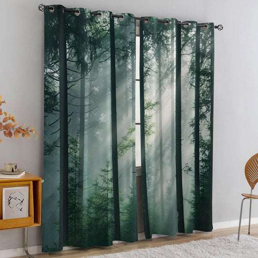 XAFIAUR Misty Forest Blackout Curtains, Green Forest Curtains for Living Room, Natural Landscape Black Out Bedroom Curtain Thermal Insulated Grommet Drapes 2 Panels, for Boys Room 26" W x 63" L x2