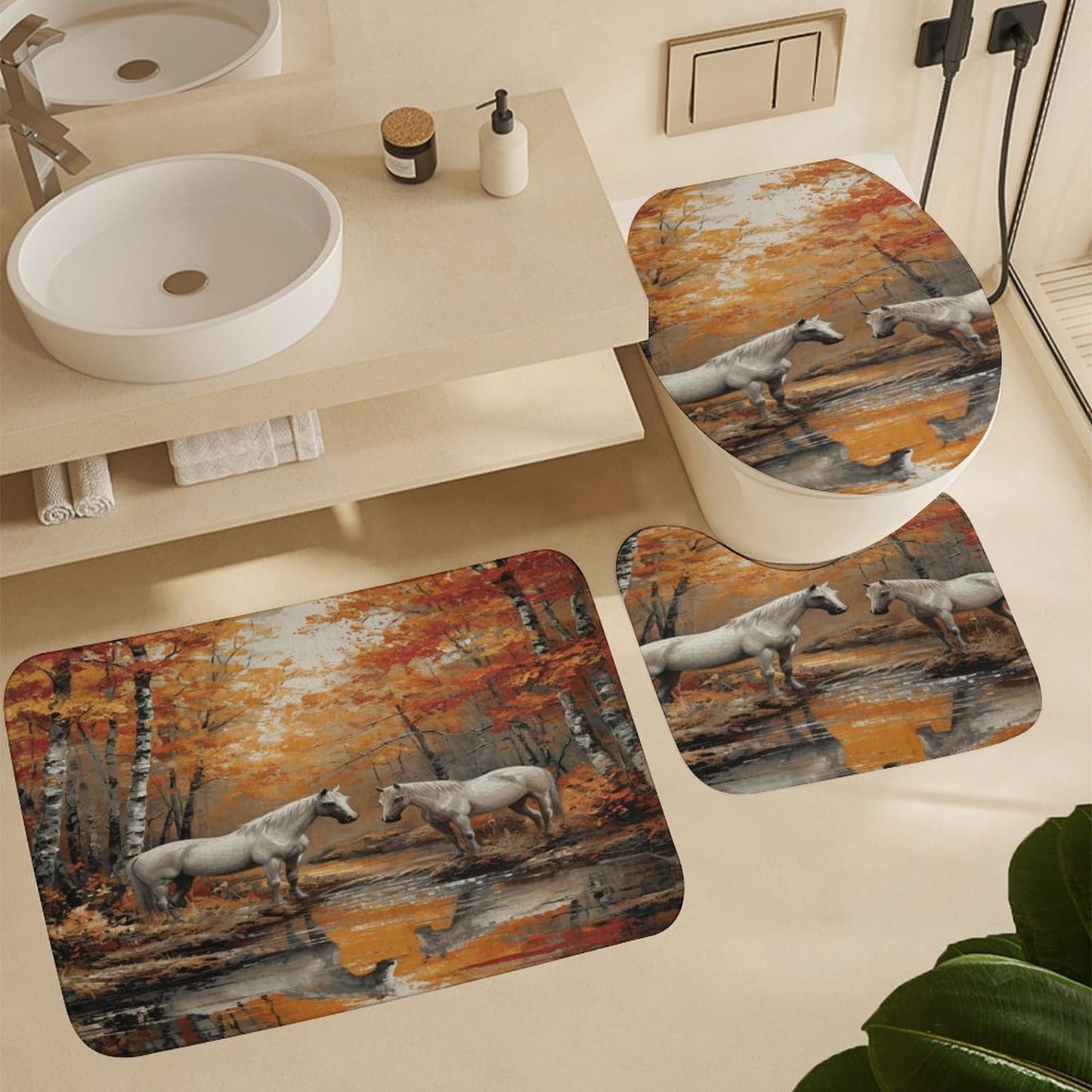 FOCCAFB Abstract Forest Horse Shower Curtain Sets with Non-Slip Rug, Toilet Lid Cover and Bath Mat, Nature River White Animal Shower Curtain Sets with 12 Hooks, Shower Curtain for Bathroom Set Decor