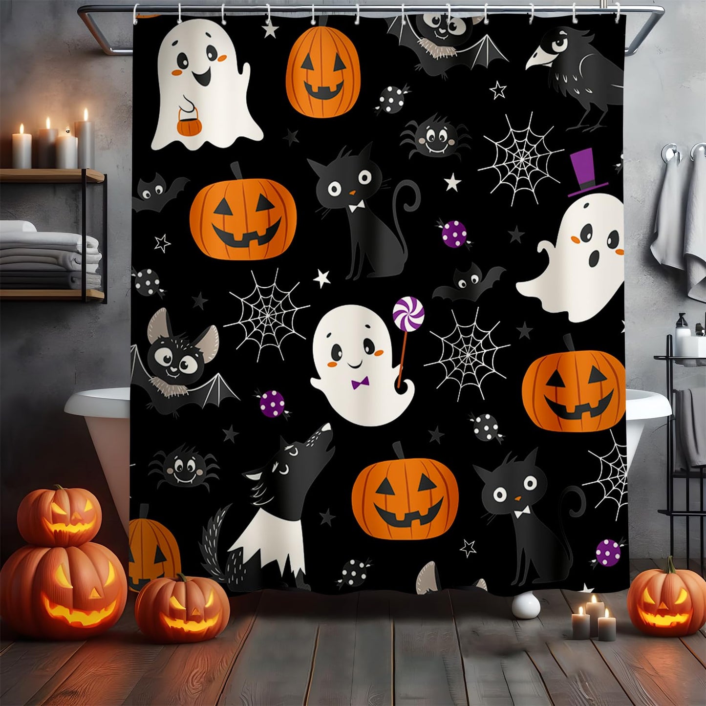 MEHOFOND Halloween Boo Shower Curtain Halloween Bathroom Curtain Skull Bat Spider Bathtubs Decor Washable Durable Polyester Fabric Bathroom Curtains 72x72 in