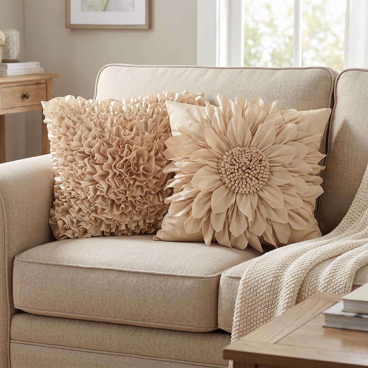Bella's Giftshop Beige Taupe Ruffle Decorative Throw Pillow Covers 18x18 Inch for Bed Sofa Couch, Handmade 3D Faux Silk Accent Pillow case, Boho Living Room Decor