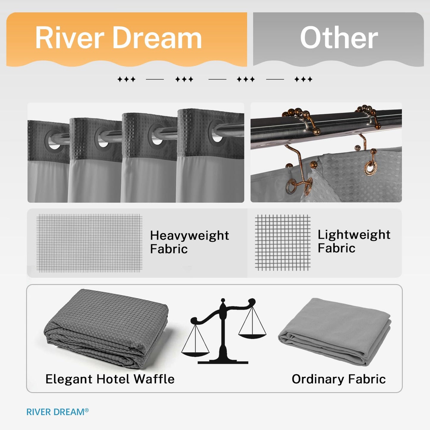 River Dream Heavyweight Grey No Hooks Required Dotted Waffle Weave Shower Curtain with Snap in Liner - 71W x 74H,Hotel Grade,Spa Like Bath Curtain,Gray