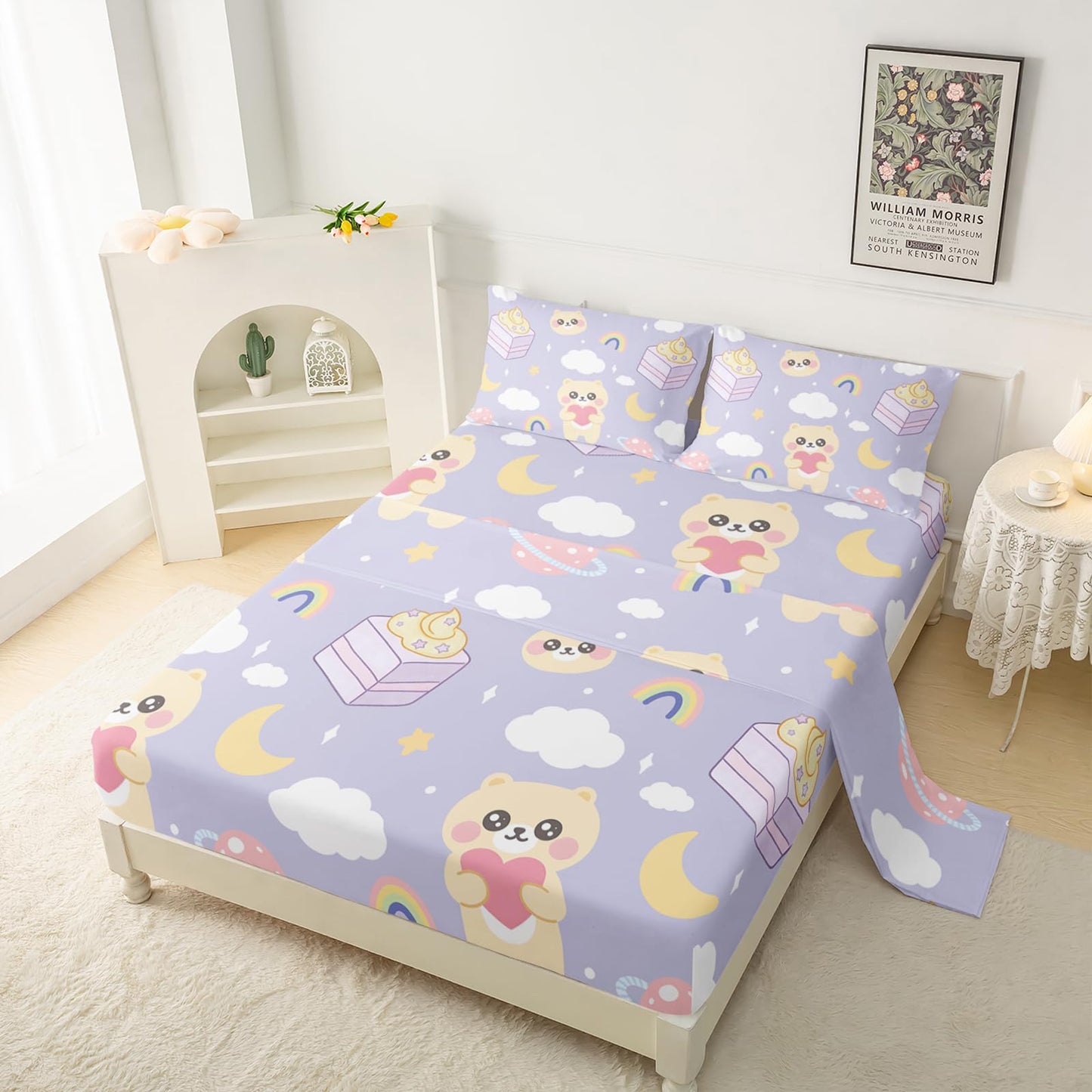 QOOMO Kawaii Kids Sheets Twin Size,Kawaii Bear 16" Deep Pocket Bed Sheet Set,Milk Printed Bedroom Decor Sheet Set Soft and Breathable for Girls/Kids/Teens,Twin Size