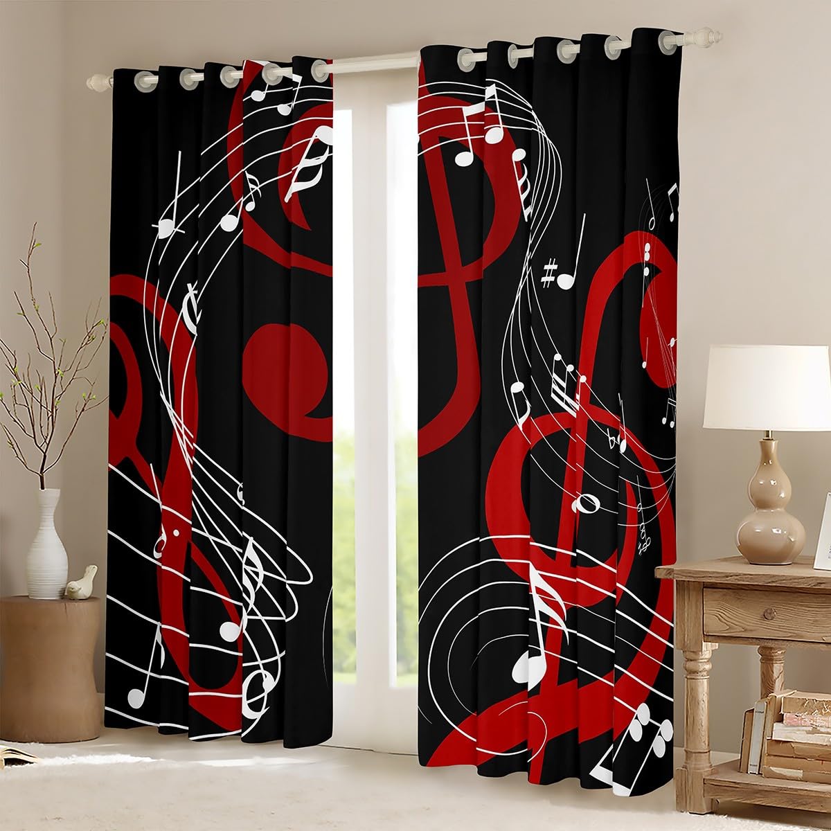 Musical Notes Window Curtain,Red Black and White Curtains for Kids Boys Girls Women Room Decor Abstract Music Theme Blackout Window Treatment Men Modern Soft Window Drapes,Top 2 Panel,42Wx63L