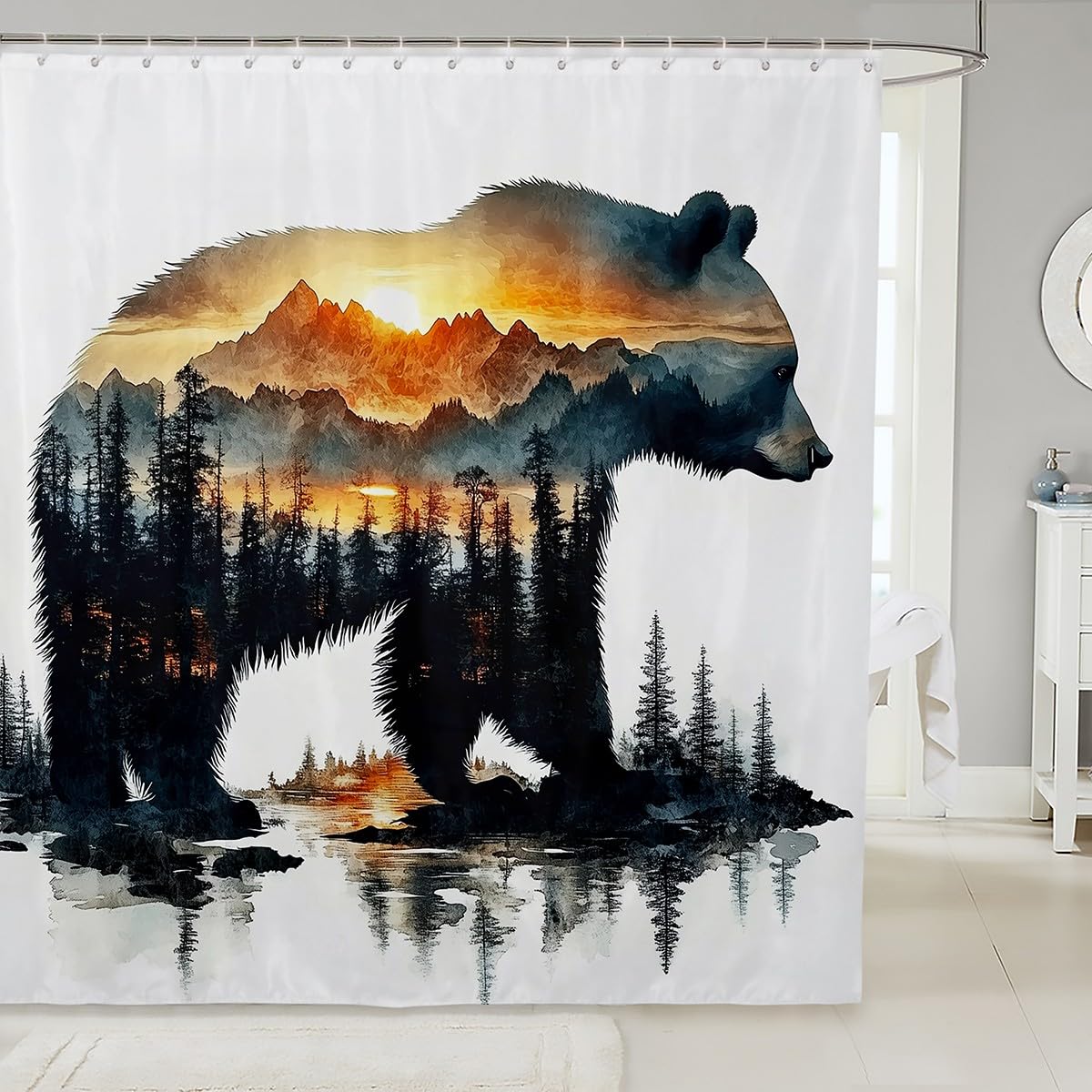 Feelyou Bear Bathroom Shower Curtain Set 78" L x 72" W Rustic Cabin Country Shower Curtain for Boys Girls Nature Wildlife Bath Curtain Kids Bathroom Accessories