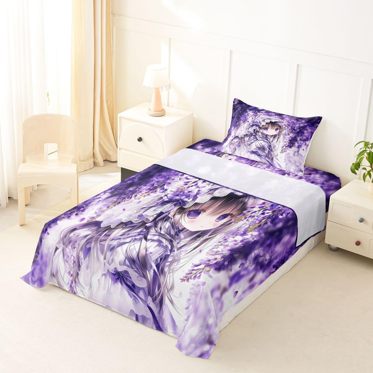 Erosebridal Lilac Flower Girl Bed Sheets Set Purple Spring Floral Sheets Twin,Anime Girl Sheet Set for Boys Girls Cartoon Anime Gift Bedding Sets Bedroom Decor 3 Pieces