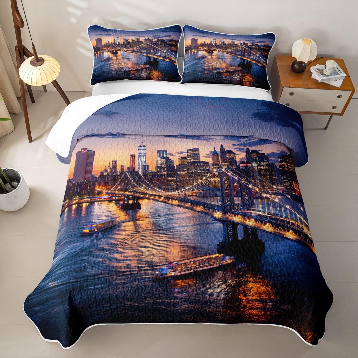 Erosebridal New York City Quilt Set Twin Cityscape Quilted Bedding Manhattan Skyline Bridge Bedspread Coverlet Sunset Scenery Quilt Comforter Lightweight Quilted Blanket for Hot Sleepers Boys Girls