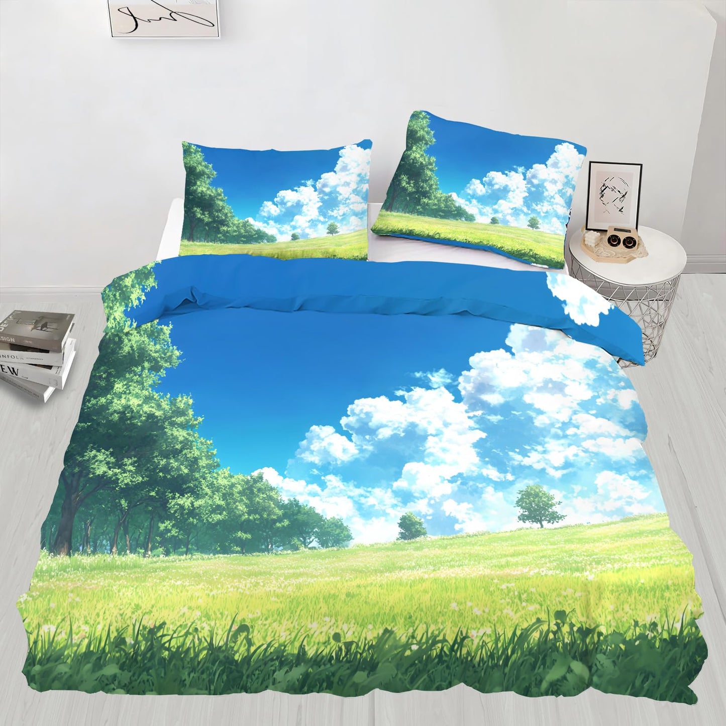 PAISUOQ Anime Duvet Cover Full, Spring Landscape Bedding, Cartoon Kids Comforter Cover with 2 Pillow Cases, 3 Pieces with Zipper & Ties, Bedroom Decor & Gifts