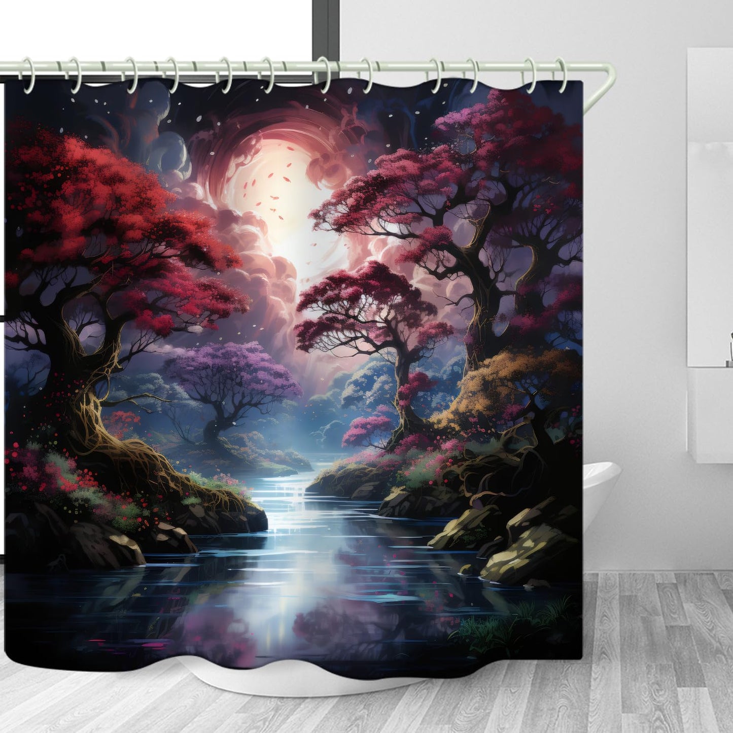 LYFANS Shower Curtains, with Forest and River Themed Bright Colors, Brings A Unique Artistic Atmosphere to The Bathroom. The 72x79 Inch Fabric Shower Curtain Comes with 12 Hooks.