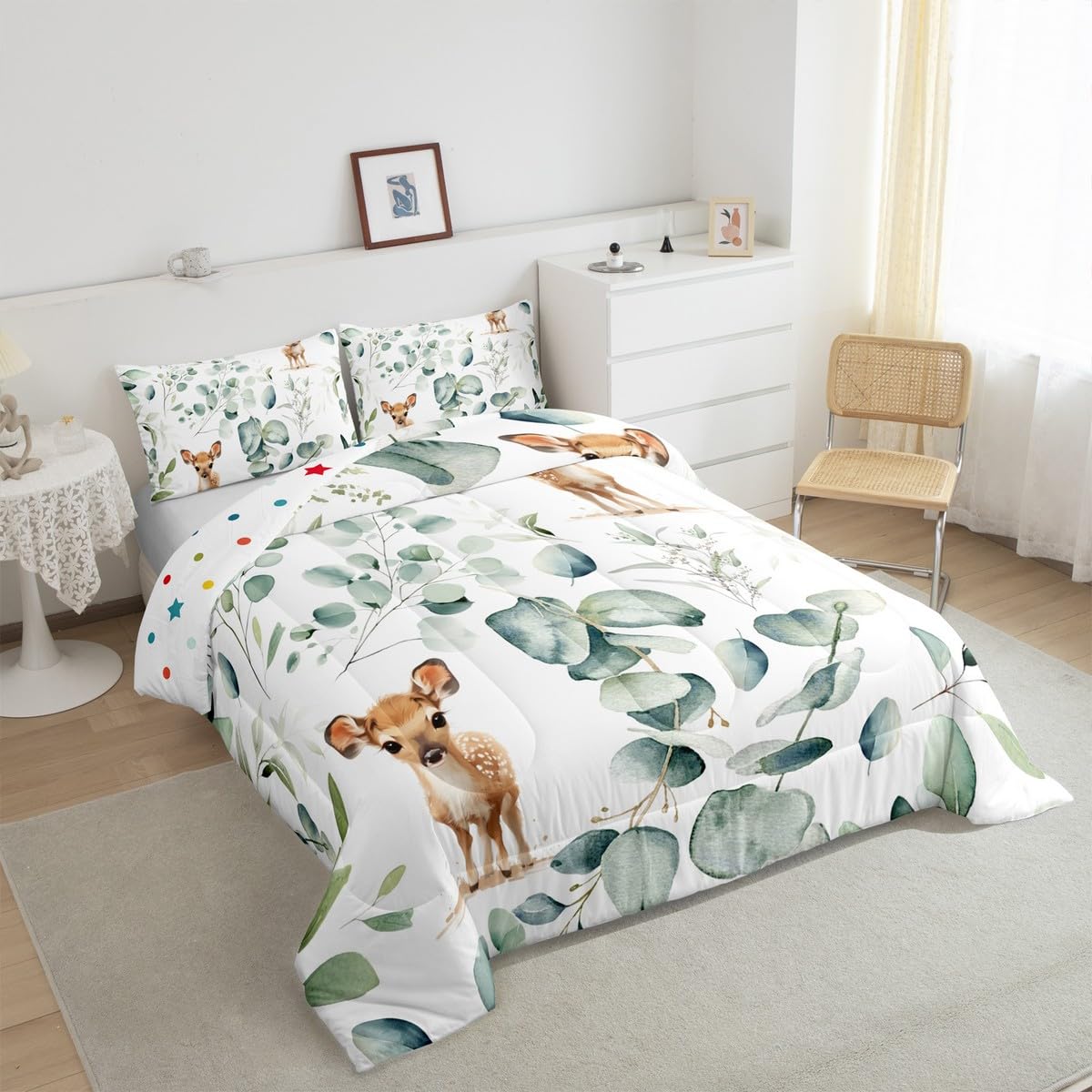 Erosebridal Cartoon Deer Twin Size Comforter Set Toddler Woodland Wildlife Bedding Set, Spring Plant Down Comforter Eucalyptus Leaf Bed Set, Jungle Animal Theme Quilted Duvet Kids Room Decor