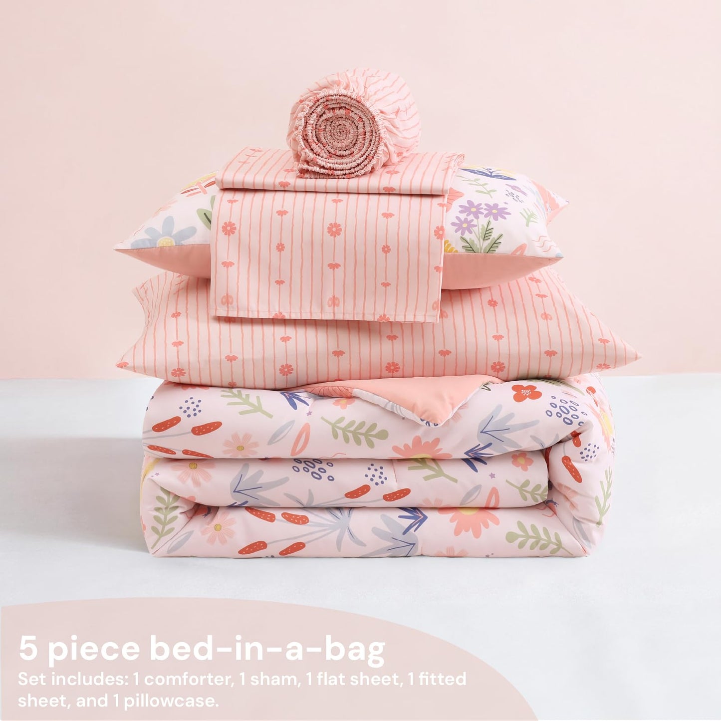 BLOOMHAVEN Twin XL Comforter Set for Girls, 5 Pieces Pink Bedding Set with Pastel Flower, All Seasons Kids Twin Comforter Set with Sheets, Pillowcase & Sham