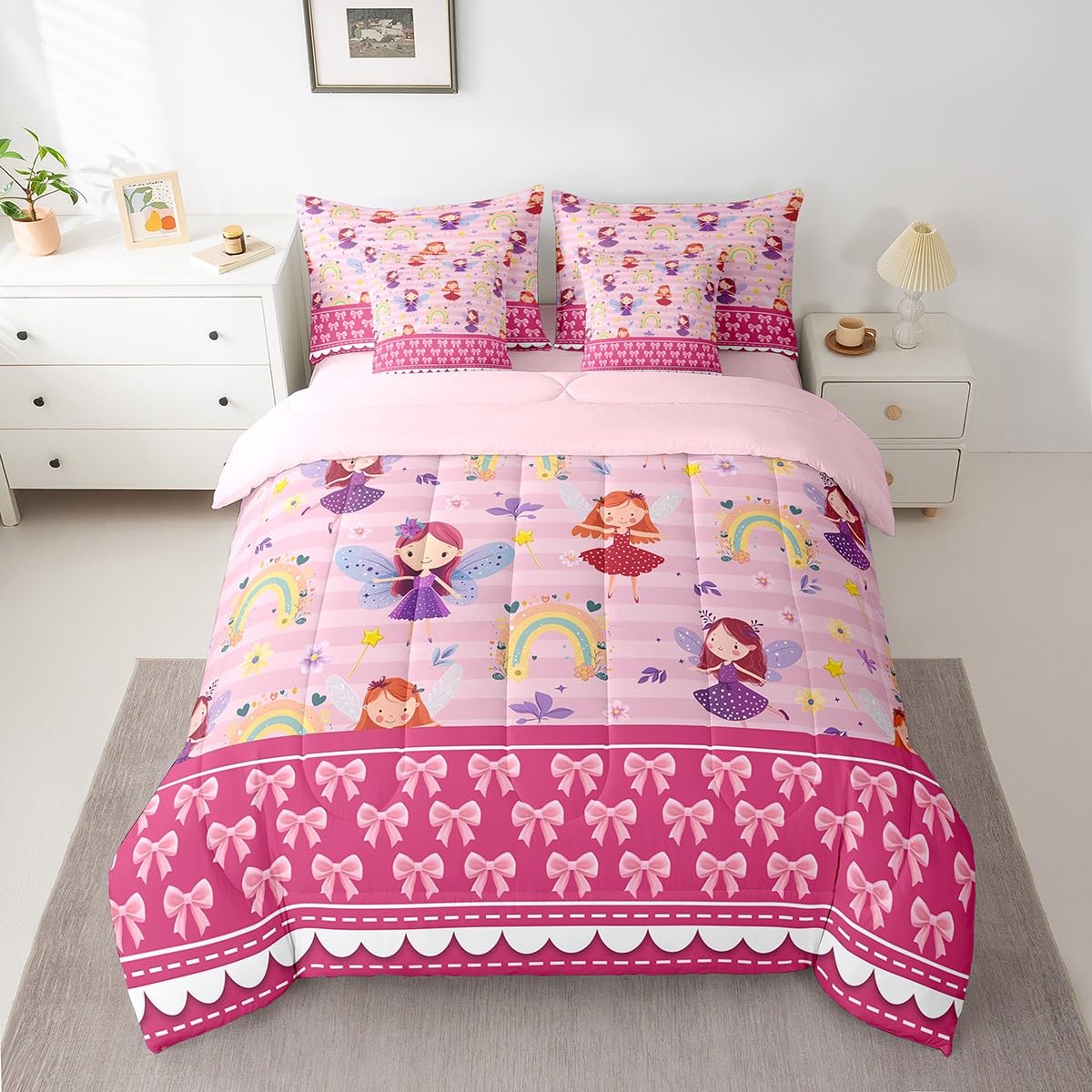Erosebridal 7 Piece Magical Princess Kids Comforter Set King Bed in a Bag,Rainbow Girls Bedding Set for Child,Dreamy Pink Bowknot Sheet Set,Girly Cute Bow Bed Set,Pale Pink Stripes Duvet Insert