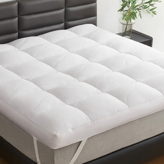 LeWinBedding Dual Layer 5 Inch Goose Feather Mattress Topper Full Size, 4 Inch Goose Feather Plus 1 Inch Down Alternative Pillow Top, Medium Firm Featherbed with Adjustable Straps(54"x75", Wavy)