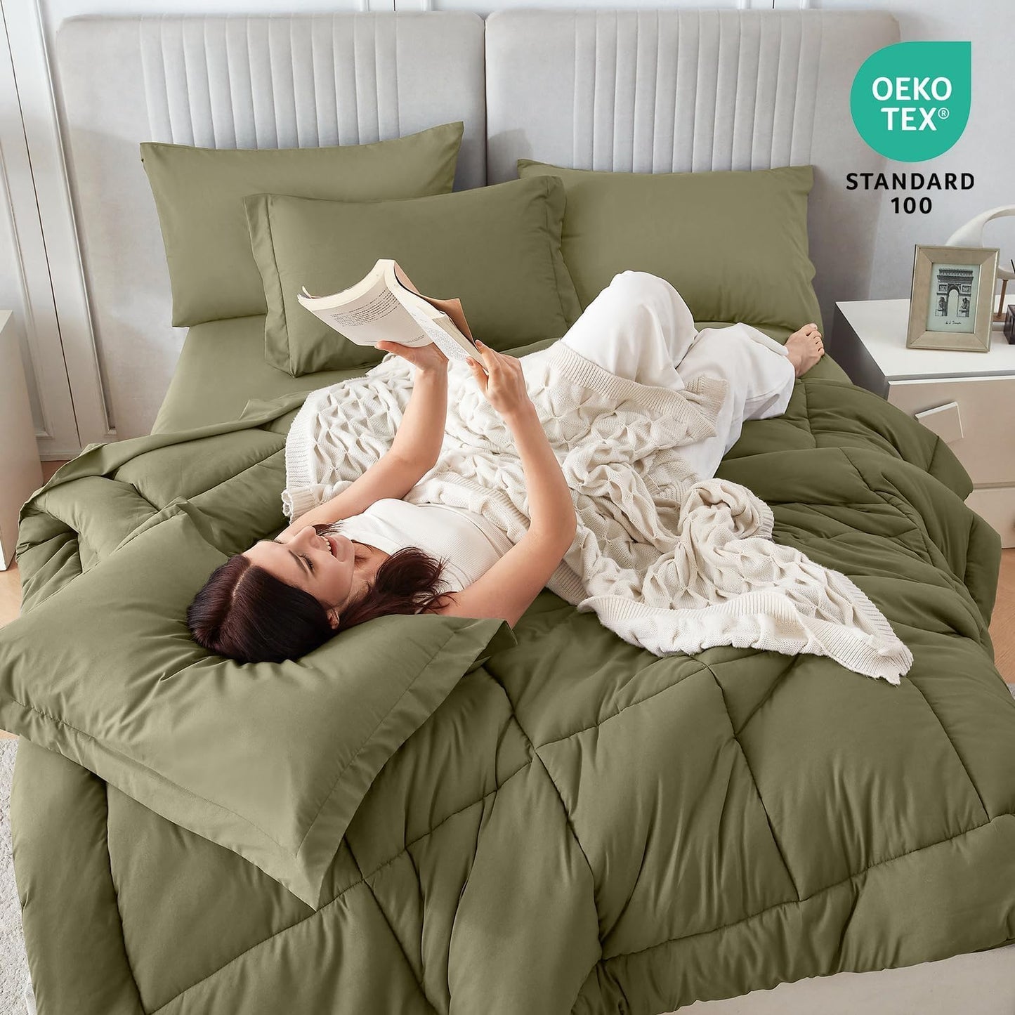 Sasttie Queen Comforter Set, 7 Pieces Bed in a Bag Queen, Complete Bedding Set Includes Comforter, Flat Sheet, Fitted Sheet, Pillowcases and Pillow Shams, Olive