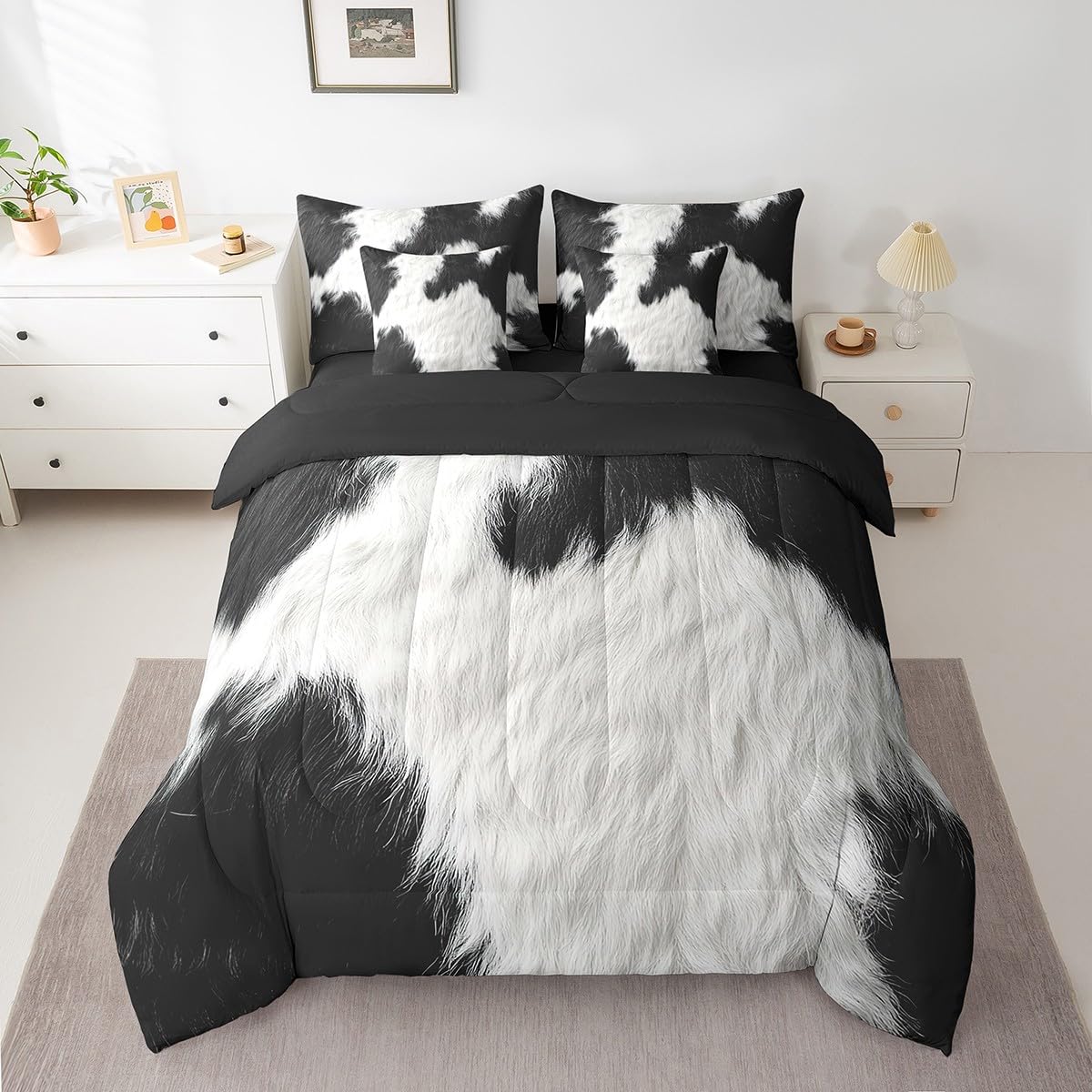 Erosebridal Cute Cow Print Twin Bedding Set 7 Piece for Boys Black White Cowhide Bed in A Bag for Kids Teens Youth Adult Western Farmhouse Fur Comforter Set with Sheetcountry Animal Skin Bed Sets