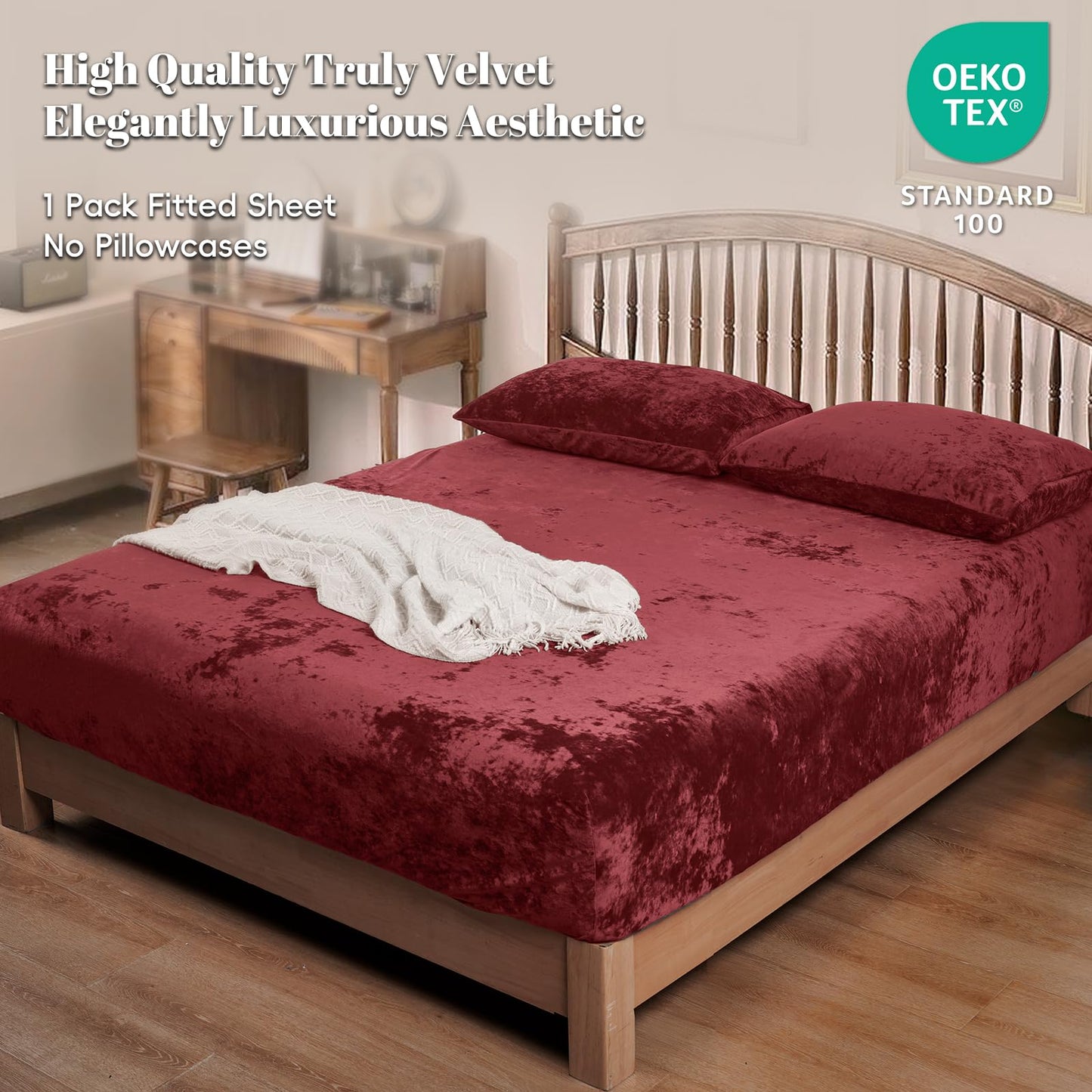 PHF Truly Velvet Fitted Sheet Only Full Size, Luxury Super Soft Cozy Fuzzy Flannel Bottom Sheet, Deep Pocket Up to 16",Strenghth Elastic Band, Suitable for Fall Winter Spring, No Pillowcases, Wine Red