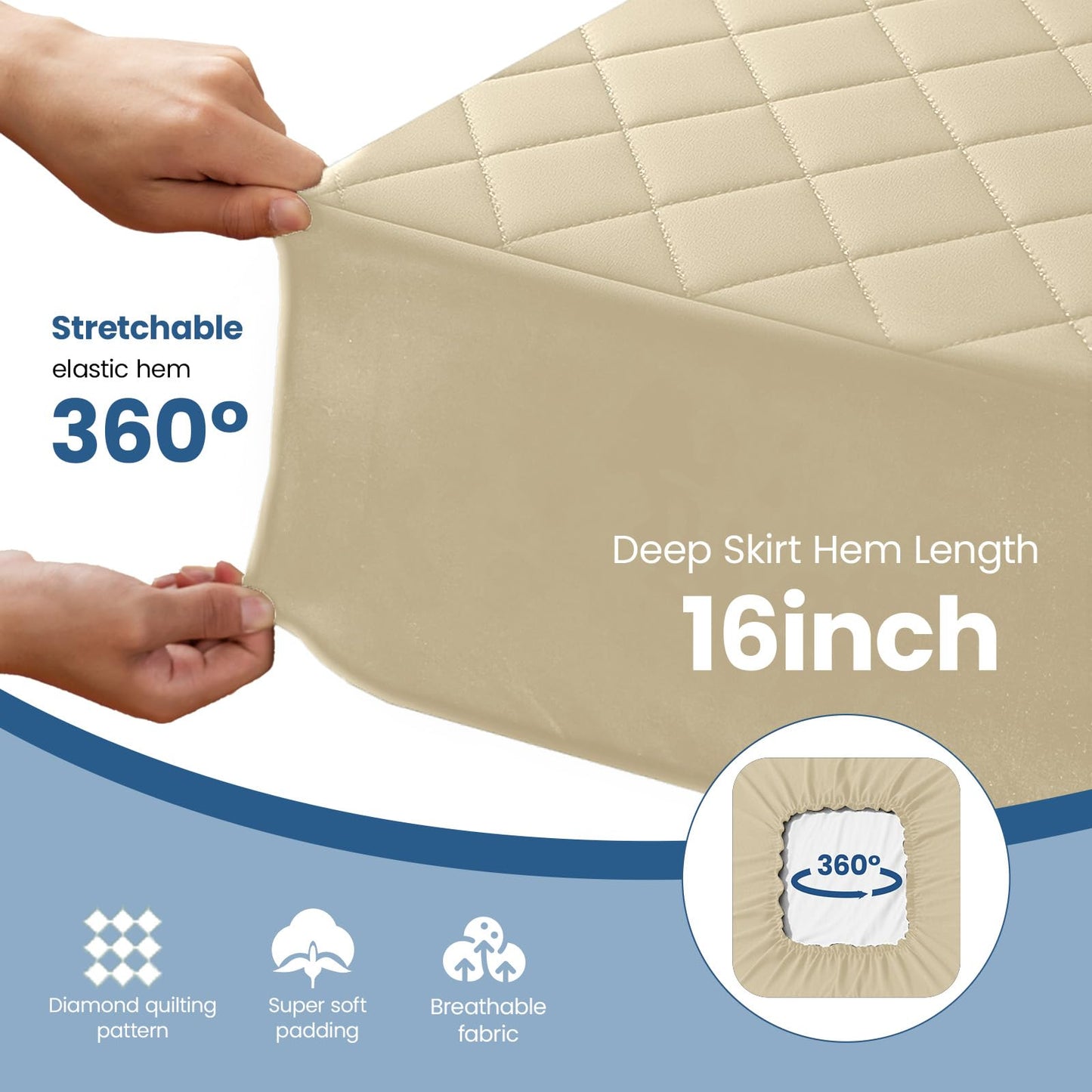 Twin Mattress Protector,Waterproof Mattress Protector Fitted Up to 16" Deep Pocket, Soft Breathable Bed Mattress Cover for Bedroom,Doom Room,(Khaki)