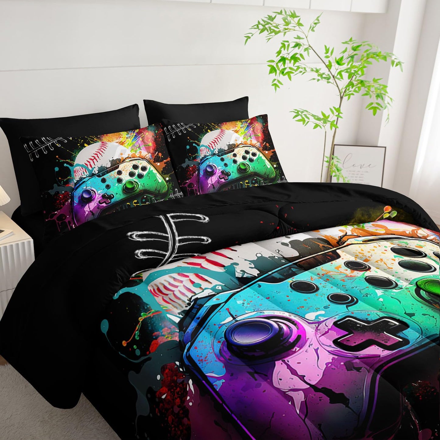 Smell Sunshine 7Pcs Comforter Set Gamepad Baseball Printed Bedding Set with 1 Comforter, 1 Flat Sheet, 1 Fitted Sheet and 4 Pillowcases for Boys and Girls Bedroom (Gamepad-3 Twin