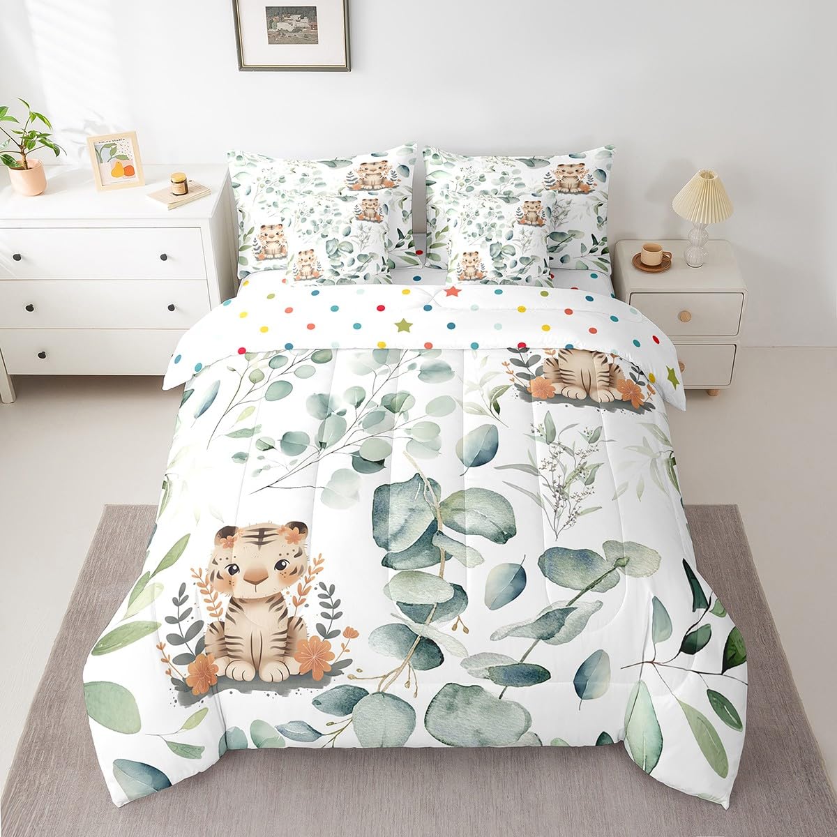Erosebridal Kids Cute Animal King Comforter Set 7 Pieces for Girls Boys Cartoon Tiger Bedding Comforter Sets, Eucalyptus Bed in a Bag Watercolor Leaves Bedding Set, Kawaii Jungle Animal Bed Sheets Set