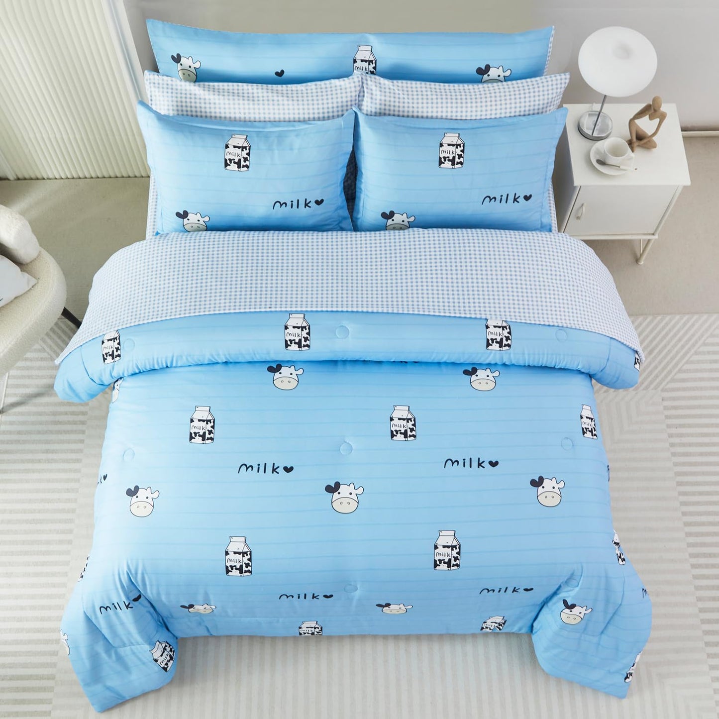 SUCSES 8 Pieces Blue Full Size Comforter Set Striped Western Kids Bedding Sets for Boys Girls Milk Cow Print Bed in A Bag with Comforter and Sheets (Blue, Full)