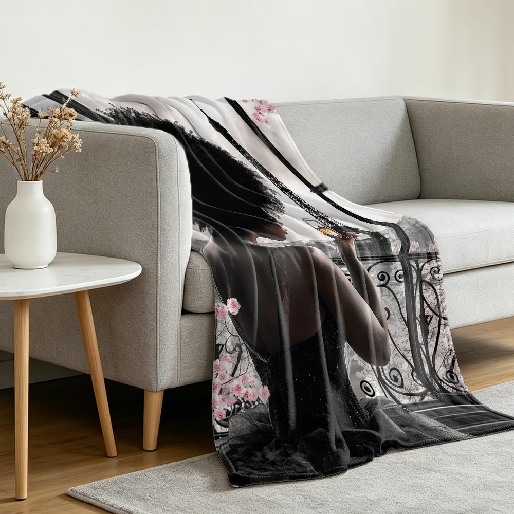 GXYAOYZG Paris Blankets Black Girl Eiffel Tower Print Black Women Flannel Throw Soft Warm Cozy Lightweight Pink Dress Blanket for Couch Sofa Bed Romantic Home Decor Women Girls Gift (49" x 59")