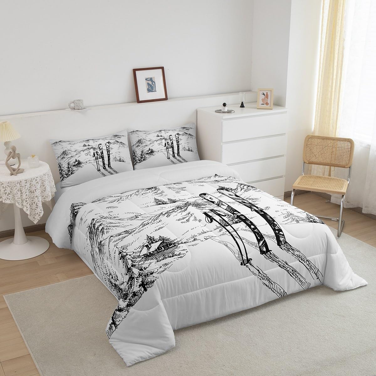 Erosebridal Ski Comforter Set Full, Winter Sports Games Duvet Sets for Kids Teens Adult Bedroom, Winter Skiing Bedding Set Mountain Sketch Illustration Quilted Duvet 3 Piece with 2 Pillow Cases