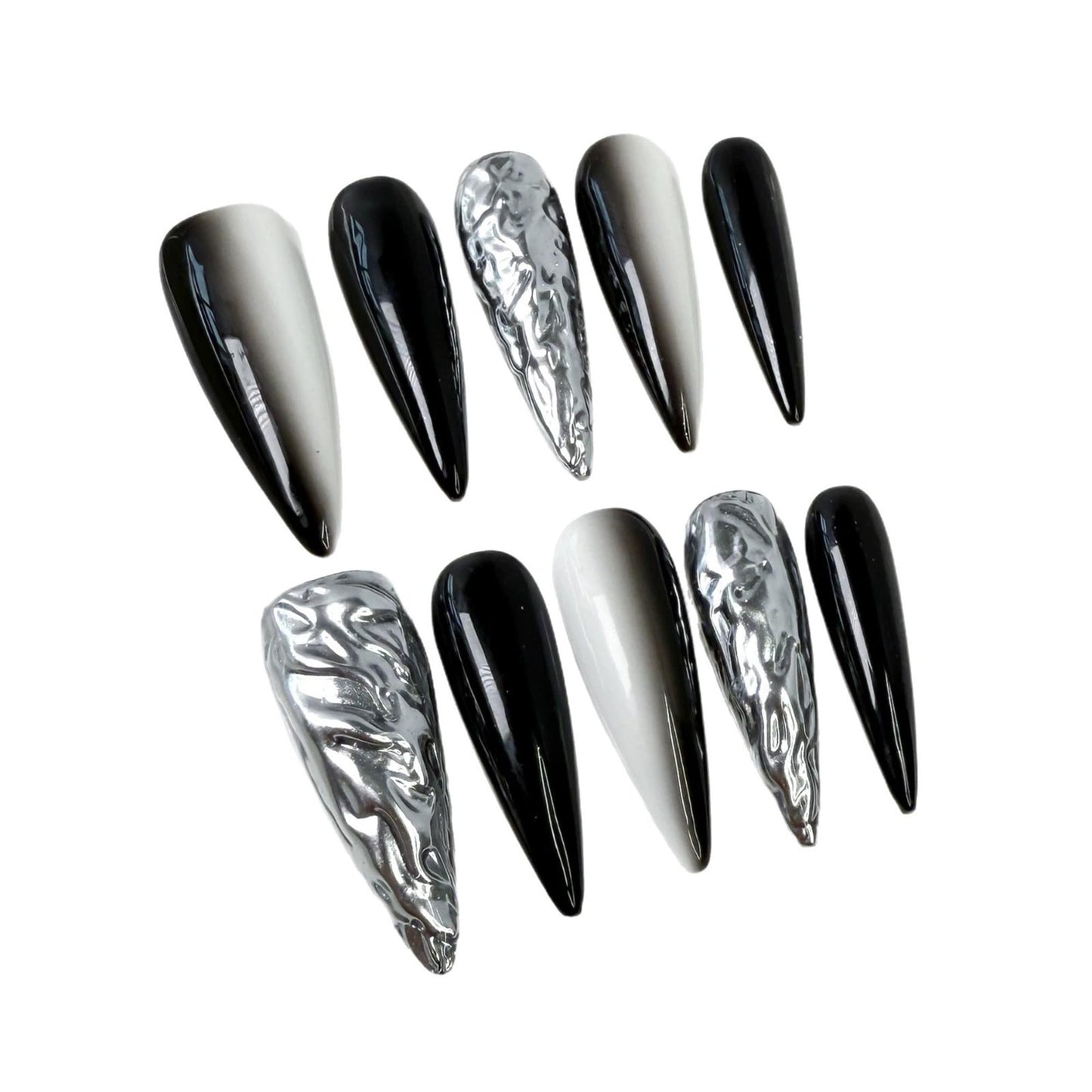 10Pcs Handmade Press on Nails Long Stiletto Glue on Nails Black White Ombre Fake Nails with 3D Swirl Designs False Nails Chrome Acrylic Nail Sparkly Stick on Nail for Women (Size M)