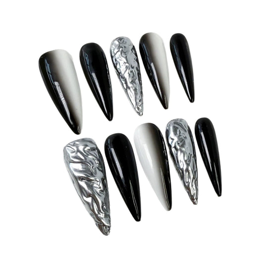 10Pcs Handmade Press on Nails Long Stiletto Glue on Nails Black White Ombre Fake Nails with 3D Swirl Designs False Nails Chrome Acrylic Nail Sparkly Stick on Nail for Women (Size M)