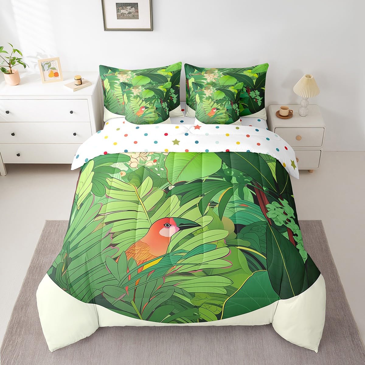 Erosebridal Palm Leaf Bedding Set King Size, Funny Toucan Hawaiian Summer Comforter Set, Tropical Plant Kids Teens (Comforter+Fitted+Flat Sheet+2 Pillowcases+2 Throw Pillow Covers) 7 Pieces Bed Set