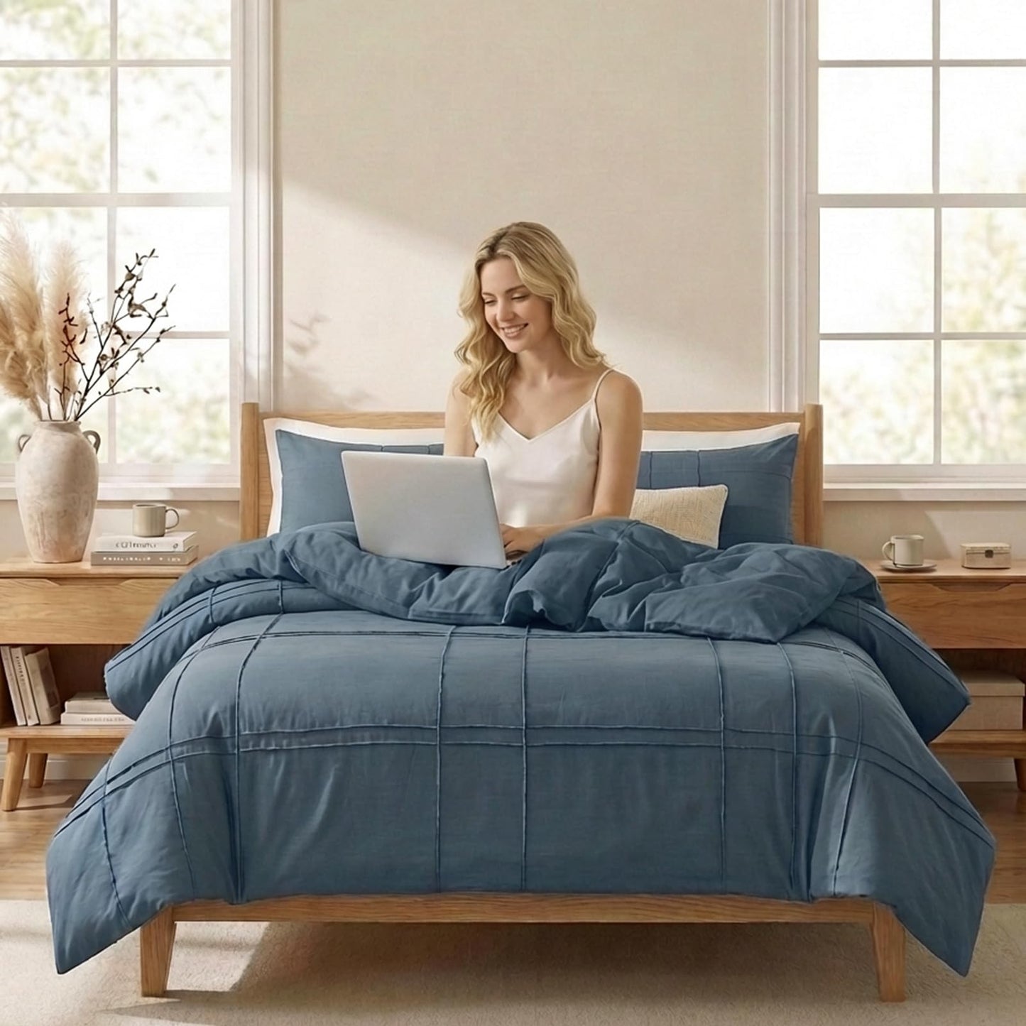 Cozaline 100% Cotton Dark Blue Queen Size Duvet Cover Set - 3 Pieces Pintuck Pleated Duvet Cover, Soft Breathable Duvet Cover with Zipper Closure, Modern Minimalist Bedding Set