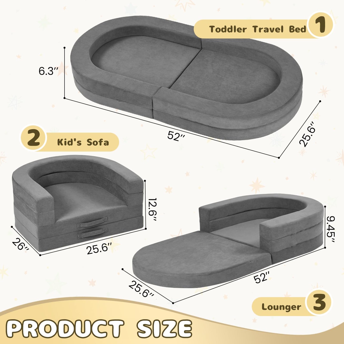 Tykacna Travel Toddler Bed, 3-in-1 Portable Foldable Toddler Chair,Soft Foam Floor Bed Lounger with Washable Cover,Grey