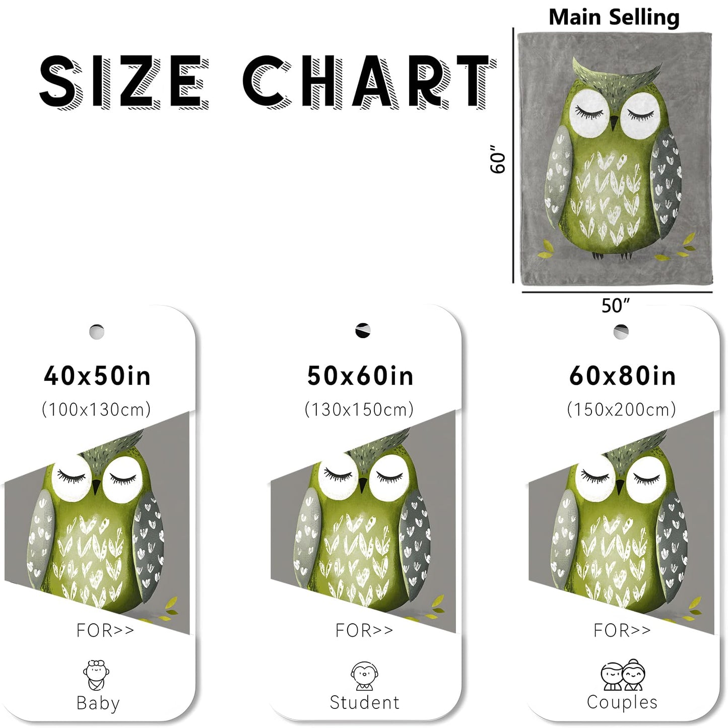 wyxdwh Cute Green Owl Blanket, Cozy Flannel Sleepy Cartoon Owls Throw Blanket for Couch Outdoor, Plush Soft Lightweight Travel Blankets for Bed Decor and Gifts, for Women Adults Boys Kids 50"x60"