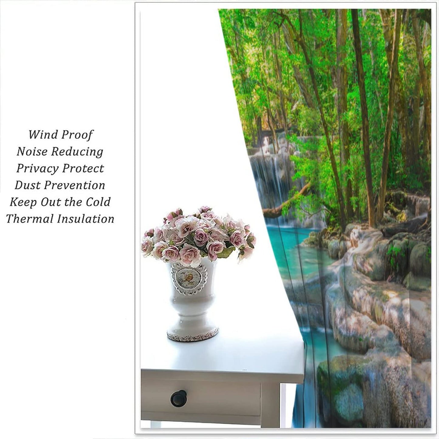 Waterfall Curtains, Spring Forest Nature Landscape Theme Pattern Print, Bedroom Living Room Blackout Curtains, 2 Panel Set, 42X45 Inch