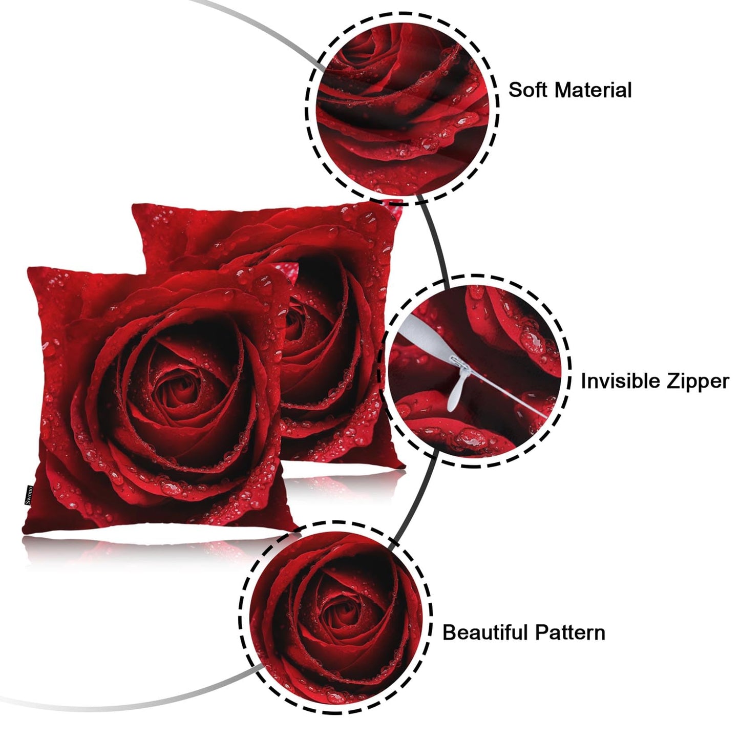 Swono Rose Pack of 2 Decorative Throw Pillow Covers Cushion Covers, Blossom Rose Water Drops Couch Pillow Case Boho Cushion Pillowcase for Bedroom Sofa Living Room 18X18 Inches, Red Rose Petals