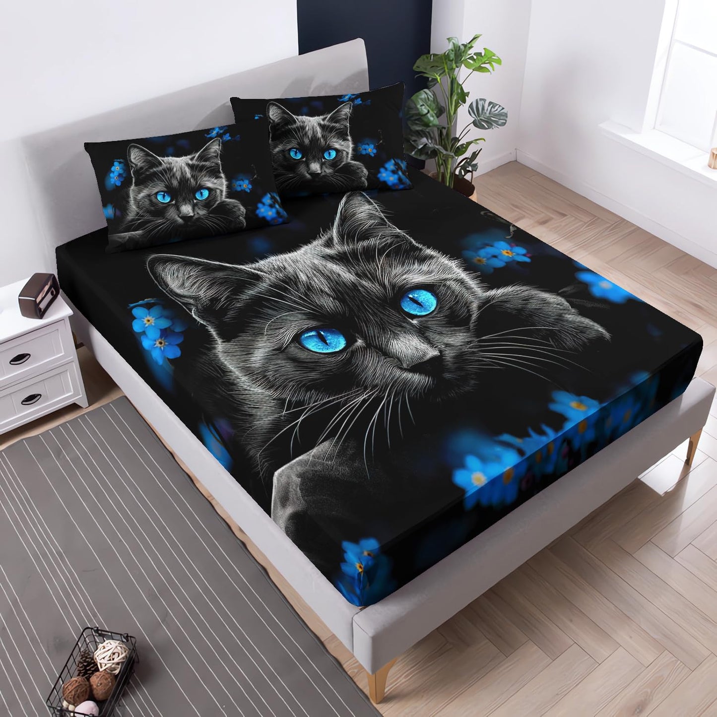 UEVBF Black Cat Fitted Sheet Set Twin Size,Animal Themed Cute Bed Fitted Sheets Set for Kids Toddler Girls Boys Room Decor,Blue Floral Bedding Sets,1 Fitted Sheet+2 Pillowcases.