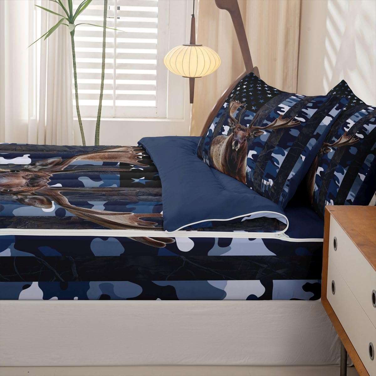 jejeloiu Moose Elk Hunting Camo Zipper Bedding Sets for Kids Boys Girls Rustic Western Deer Twin Comforter Set with Fitted Sheet American Flag Bedroom Decor Microfiber with 2 Pillow Cases