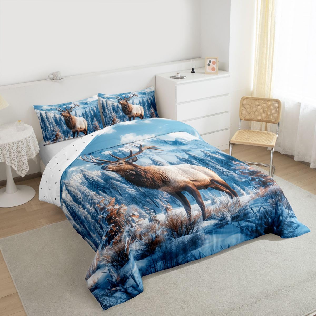 jejeloiu Deer Comforter Set Toddler Size Elk Wildlife Bedding Set for Kids Boys Girls Rustic Cabin Country Duvet Quilt Bedroom Decor Microfiber 2 Pcs with 1 Pillow Cases