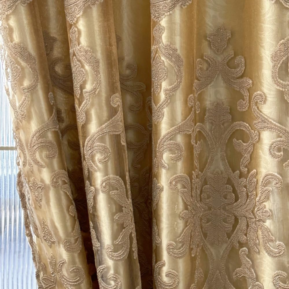 Amidoudou 1 Pair Luxury Double Layered European High-Blackout Curtains Embroidered Curtains for Living Room Bedroom Balcony (Gold,58x90 Inch)