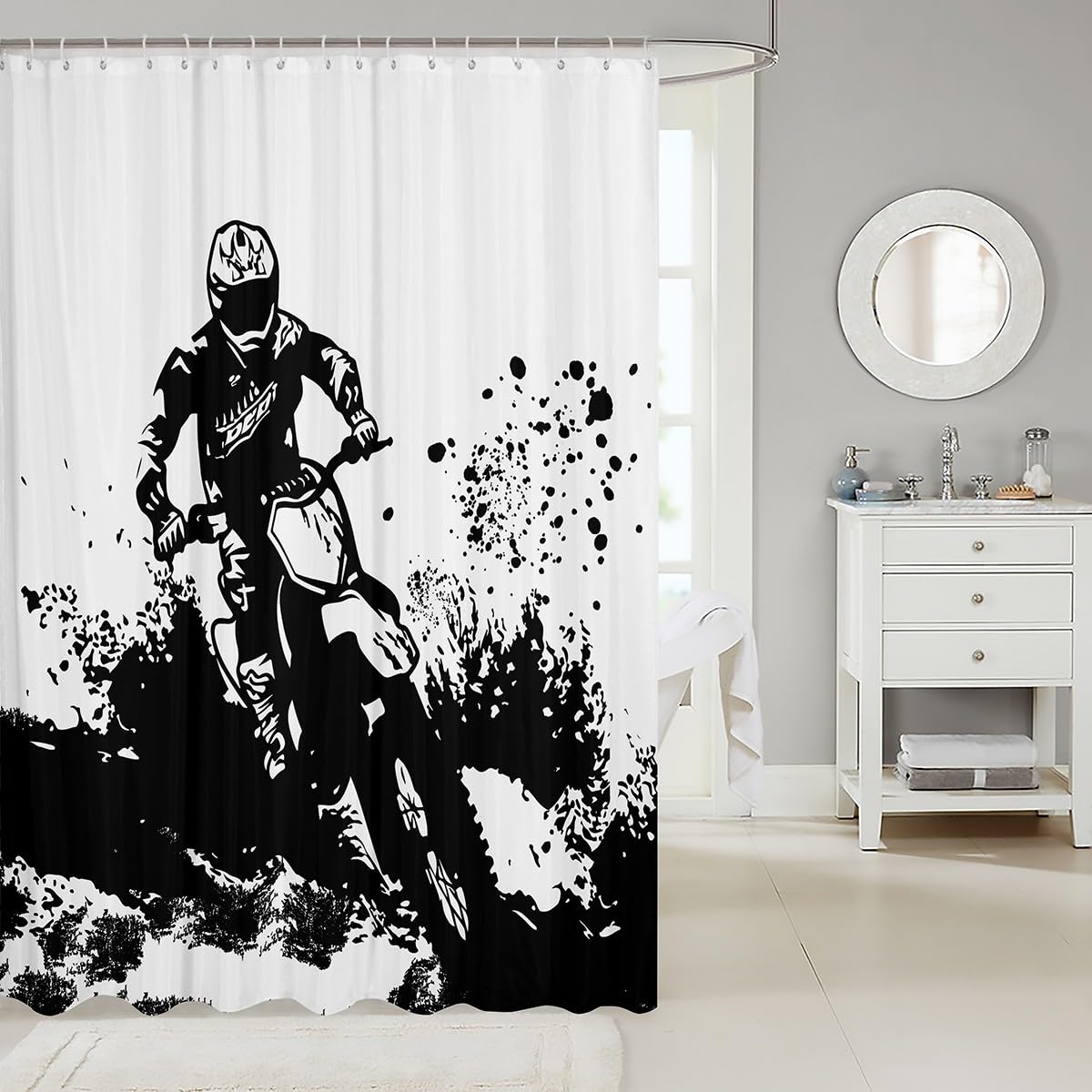 Feelyou Motorcycle Fabric Shower Curtain Black Graffiti Shower Curtain for Kids Boys Girls Dirt Bike Bathroom Waterproof Accessories with 12 Hooks Extreme Sports Theme Curtains,72x84 Inches