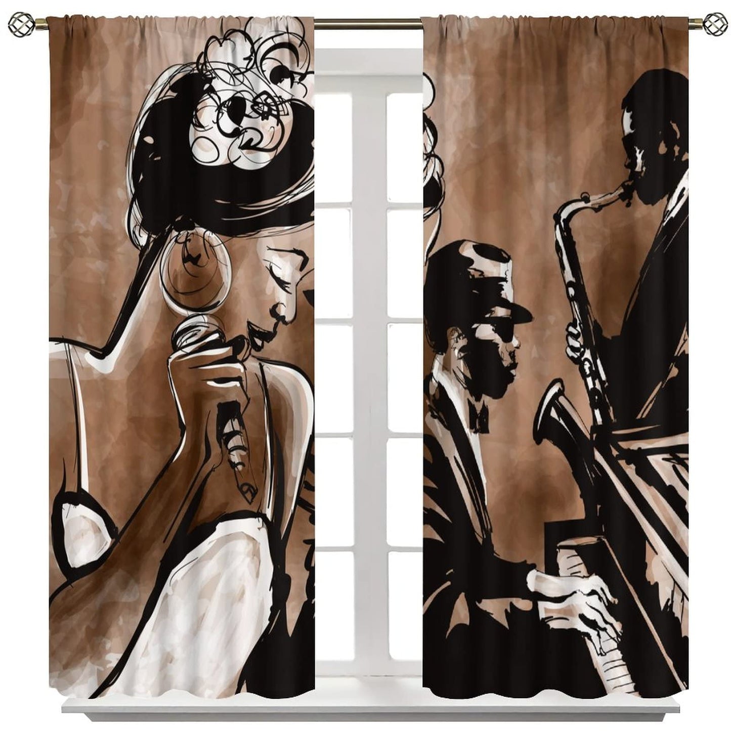 Vintage Art African American Curtains, Mid Century Jazz Band Black Woman Singer Performer Pastel, Thermal Insulation Blackout Window Treatments Rod Pocket for Living Room Bedroom Bathroom 42x45in