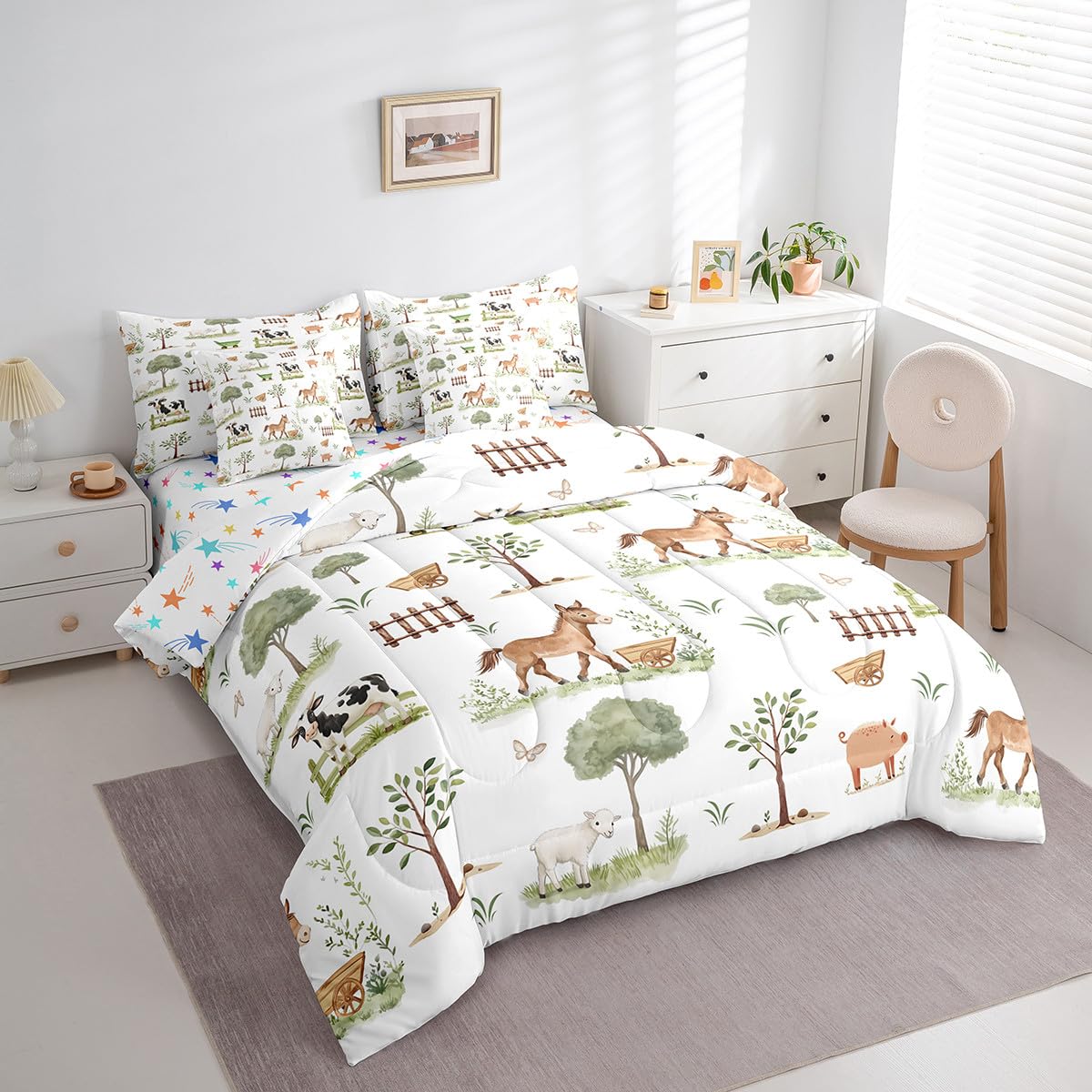 Erosebridal 7 Pcs Cute Farm Animals Kids Comforter Set Cartoon Horse Sheep Cow Pig Twin Bedding Set for Child Rustic Farmhouse Cabin Comforter Woodland Animal Trees Top Sheet for Boys Girls Bedroom
