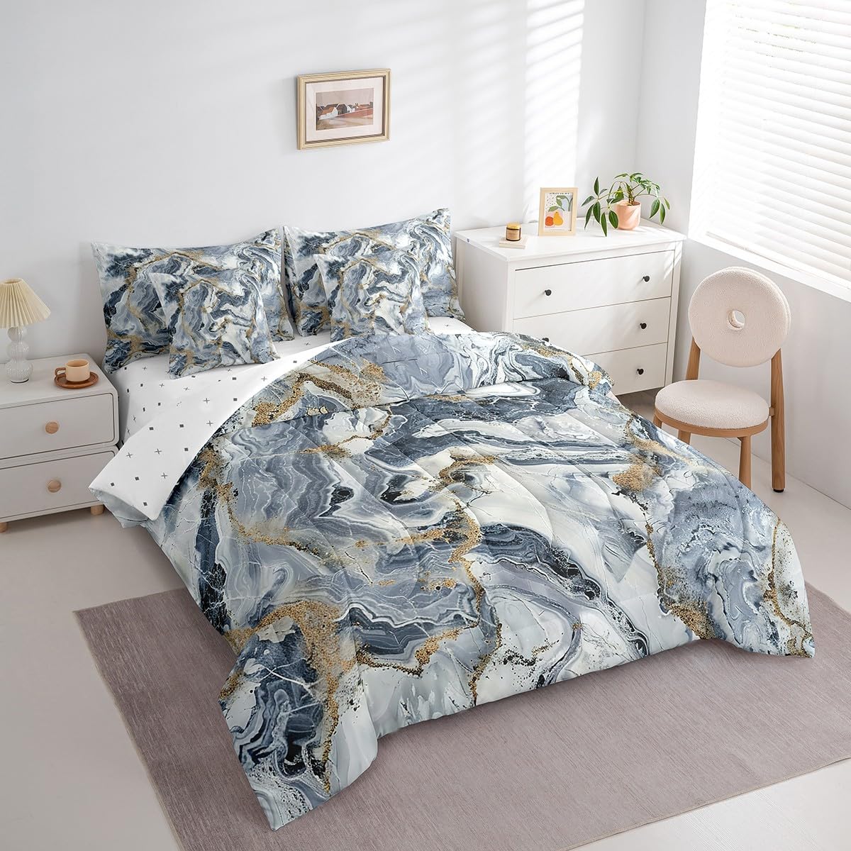 Erosebridal Marble 7 Pcs Comforter Set Queen Size Ink Fluid Bedding Modern Marbling Art Bed in A Bag for Boys Men Teens Luxury Stone Liquid Blue Gold Abstract Bed Set