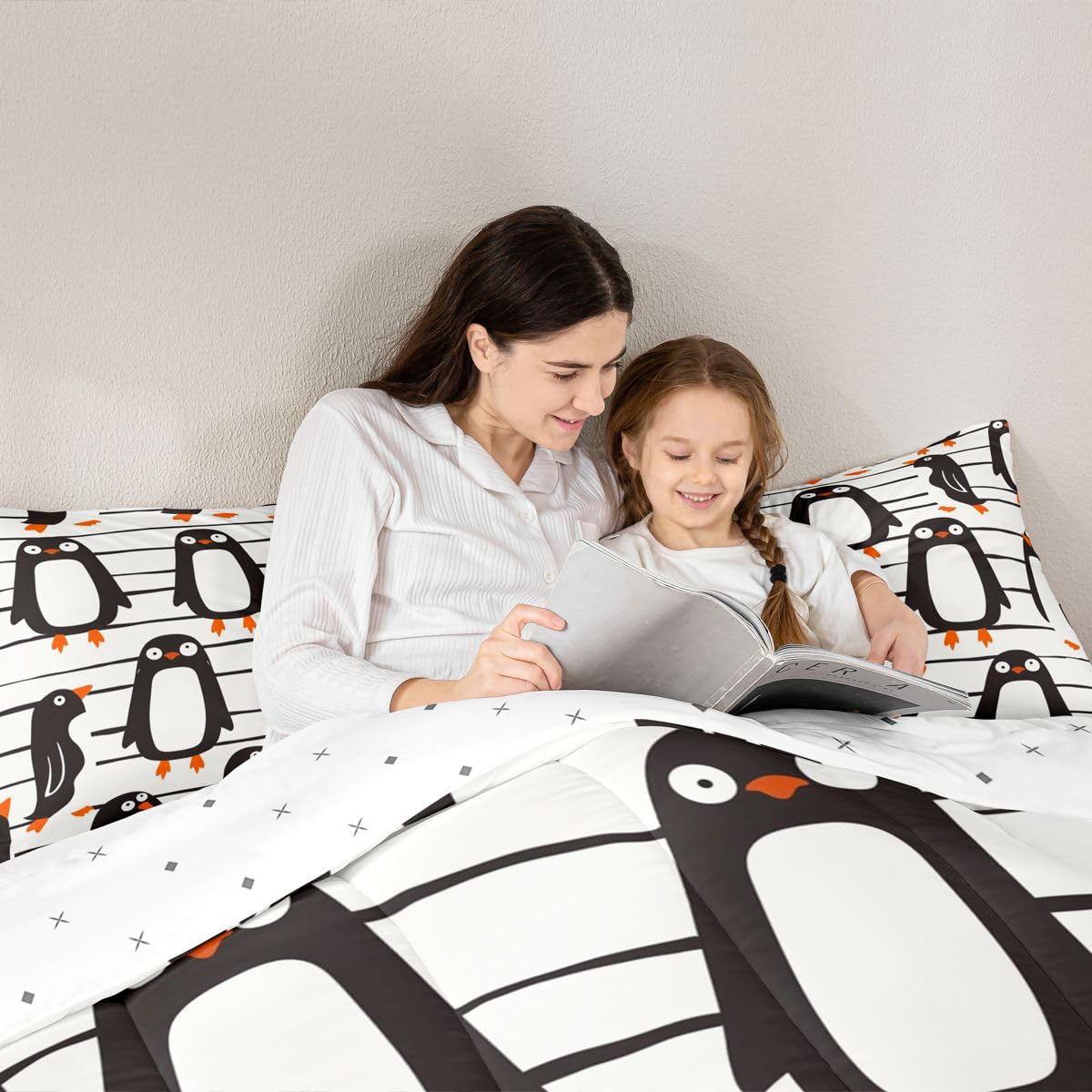 Erosebridal Funny Penguins Comforter Set Queen Black White Penguin Bedding Set Antarctic Animal Theme Comforter for Kids Boys Girls,Lovely Wildlife Pattern Quilt Duvet