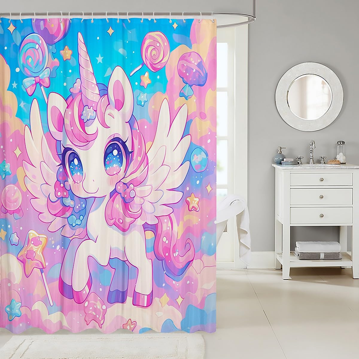 Cute Unicorn Kid Shower Curtains Dreamy Candy Unicorn Bathroom Curtains for Girl Princess Women Room Decor, Kawaii Pink Blue Waterproof Bath Curtains with 12 Hooks Suits for Bathtub, 72" W x 72" L