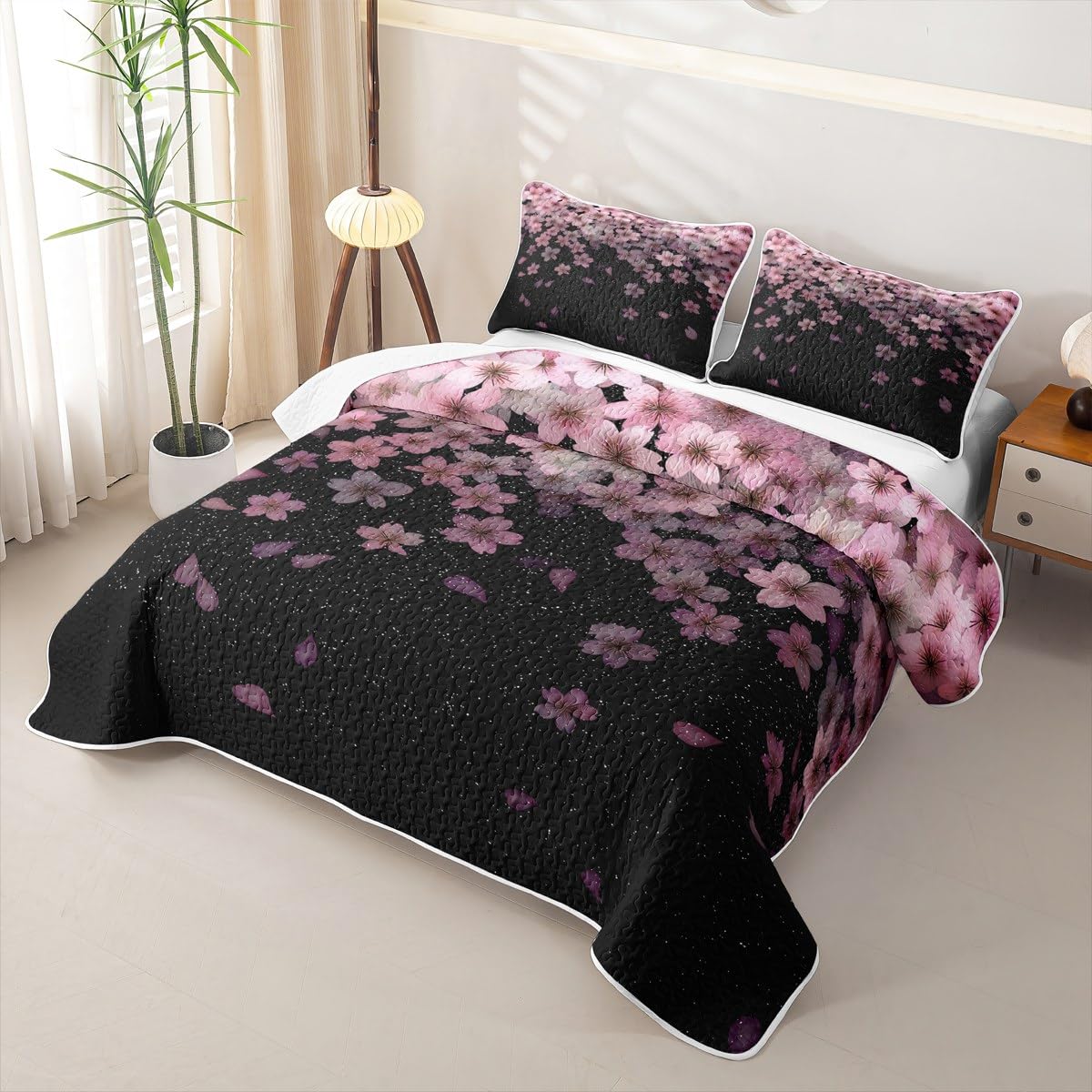 Erosebridal Cherry Blossom Quilt Set Full Pink Flower Quilt Petal Floral Bedding Coverlet Starry Sky Girly Bedspread with 2 Pillowcases