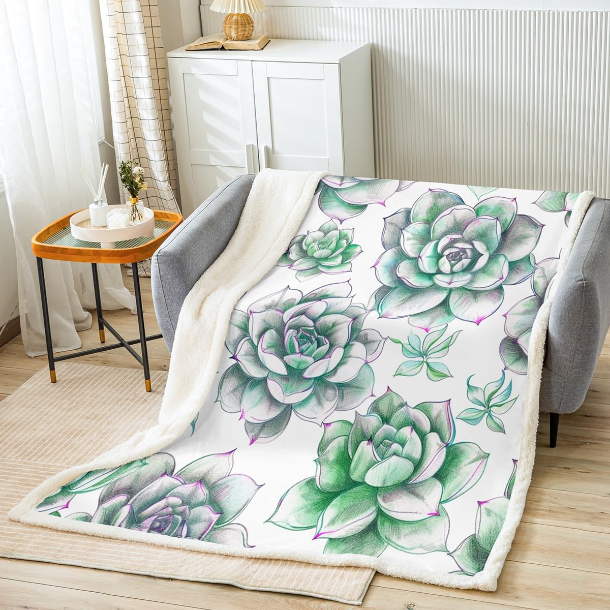 Feelyou Boho Succulent Fleece Blanket Botanical Pattern Sherpa Throw Blanket for Sofa Couch Adult Bohemian Style Plush Blanket Green Plants Fuzzy Blanket Room Decor Throw 50"x60"