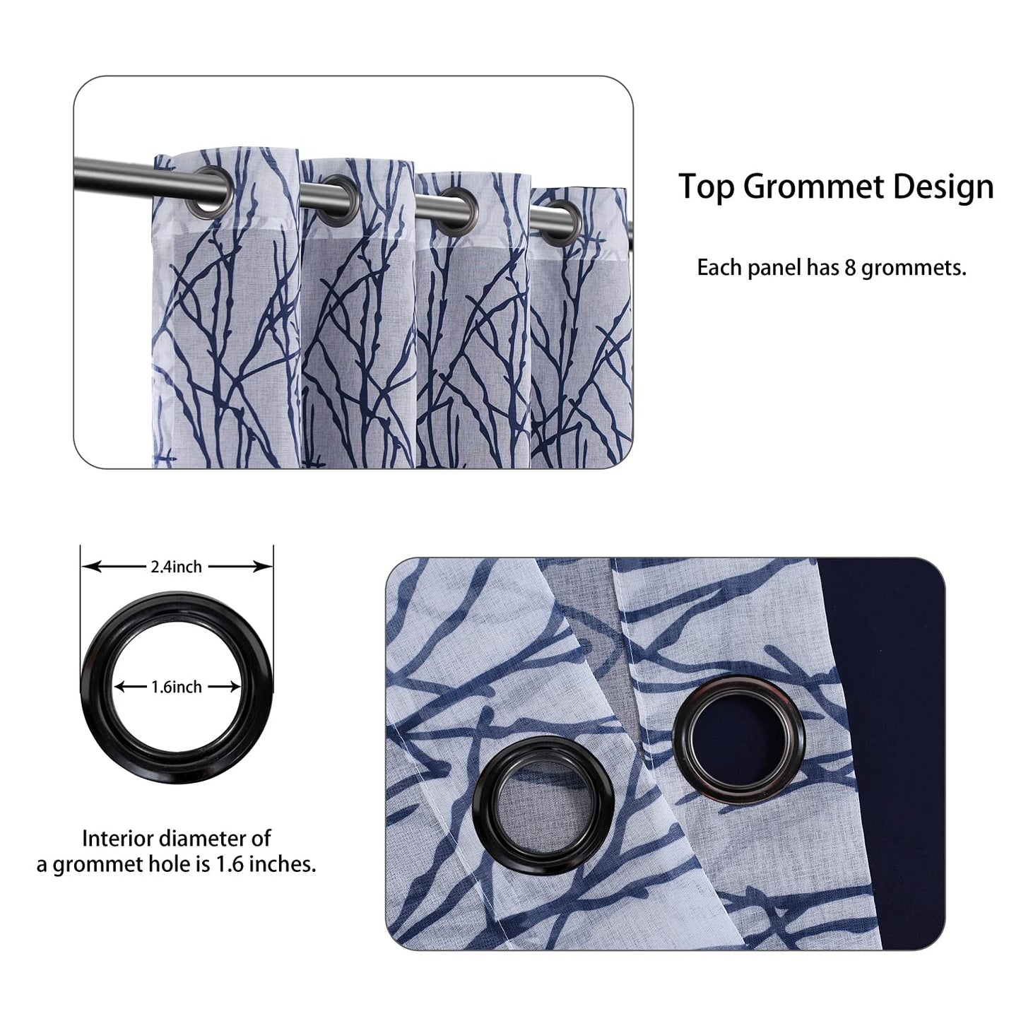 BONZER Mix and Match Curtains - 2 Pieces Branch Print Sheer Curtains and 2 Pieces Blackout Curtains for Bedroom Living Room Grommet Window Drapes, 54x108 Inch/Panel, Indigo, Set of 4 Panels